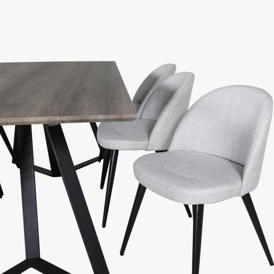 Marina ristkülikukujuline hall söögitoakomplekt mustade jalgadega lauaga ja helehallide polsterdatud toolidega, GR20267 – 3