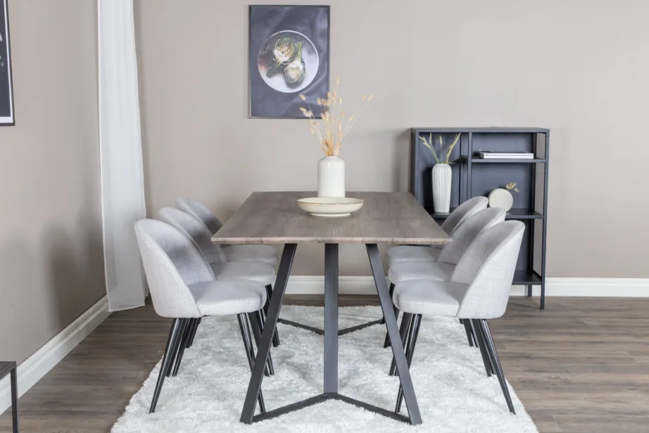 Marina ristkülikukujuline hall söögitoakomplekt mustade jalgadega lauaga ja helehallide polsterdatud toolidega, GR20267 – 5