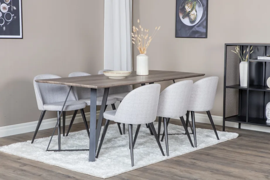 Marina ristkülikukujuline hall söögitoakomplekt mustade jalgadega lauaga ja helehallide polsterdatud toolidega, GR20267 – 6