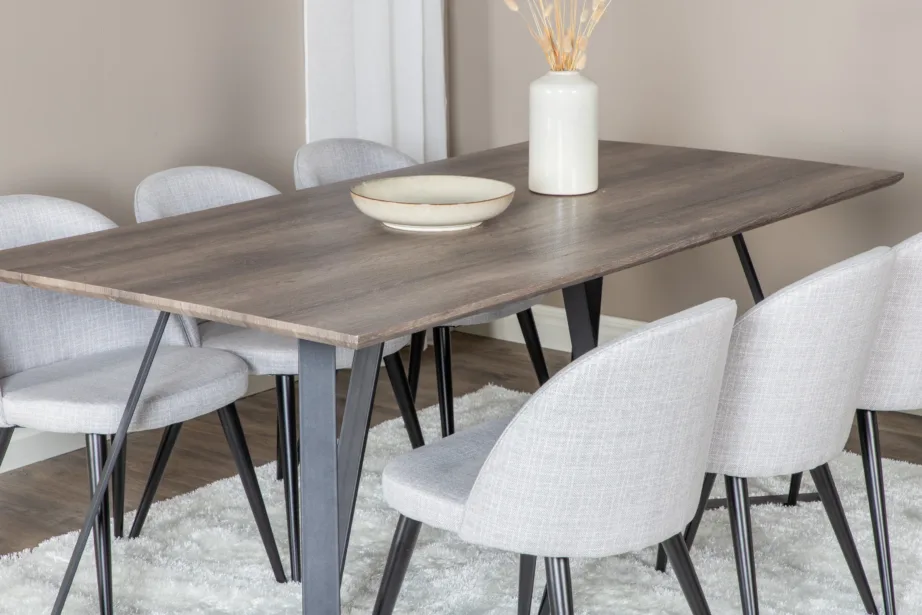 Marina ristkülikukujuline hall söögitoakomplekt mustade jalgadega lauaga ja helehallide polsterdatud toolidega, GR20267 – 8