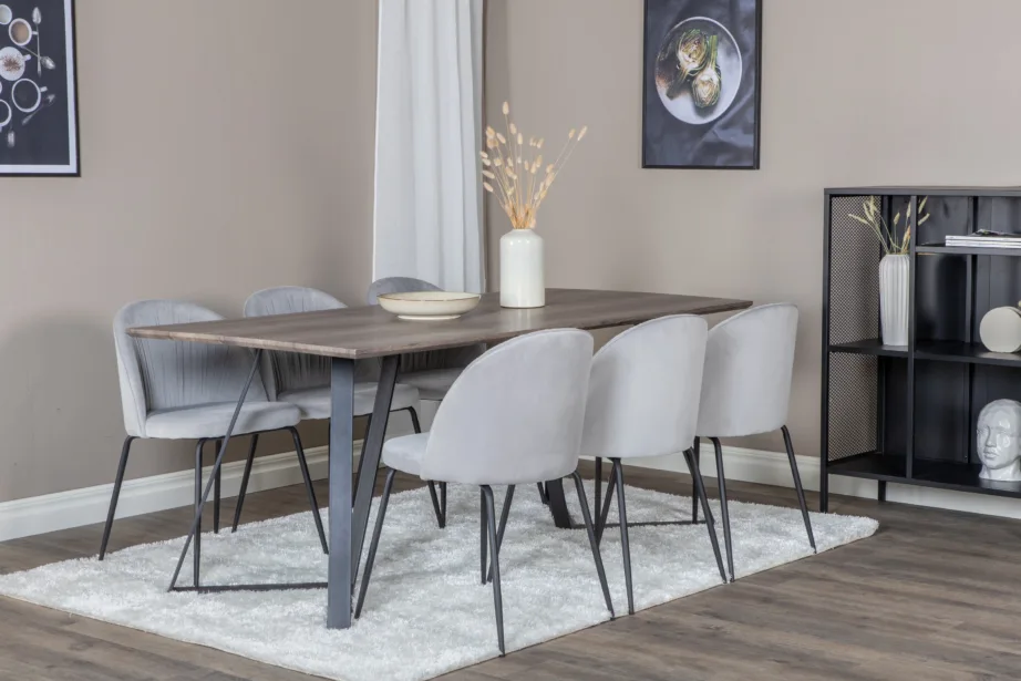 Söögilauakomplekt Marina – hall MDF laud ja hallid sametist toolid musta raamiga, GR20268 – 6