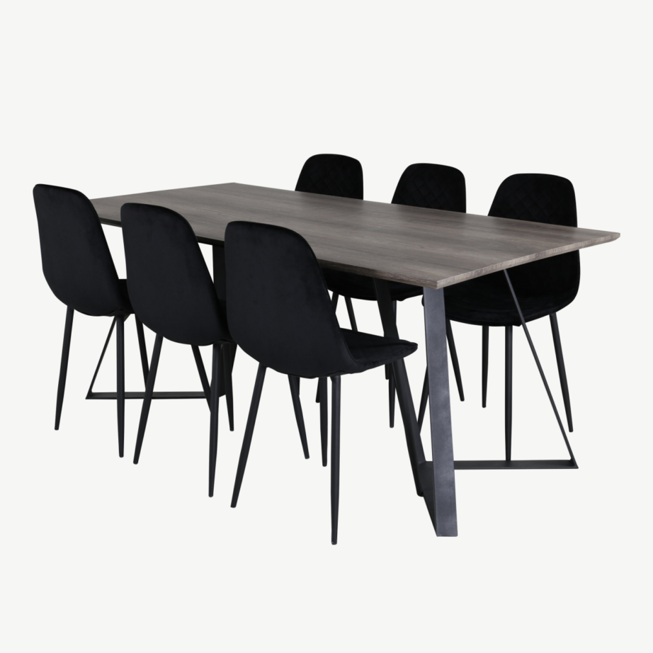 Marina hall söögilauakomplekt (MDF, 180×90 cm) mustade samettoolidega, GR20274