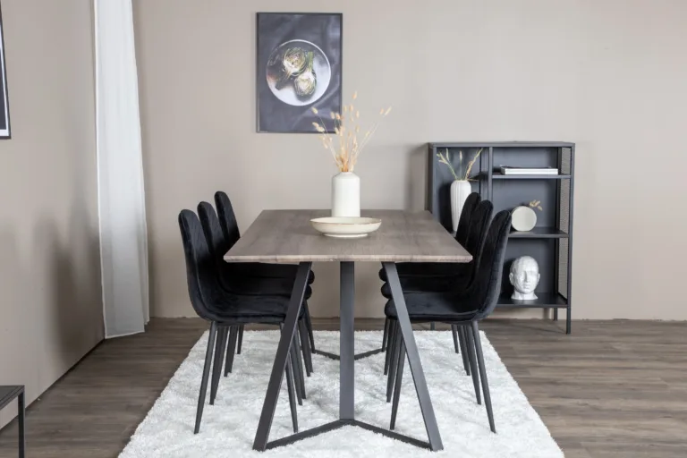 Marina hall söögilauakomplekt (MDF, 180x90 cm) mustade samettoolidega - GR20274