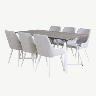 Marina ristkülikukujuline hall söögikomplekt 6 tooliga – hall lauaplaat ja valged terasjalad, helehallid kangast toolid - GR20276