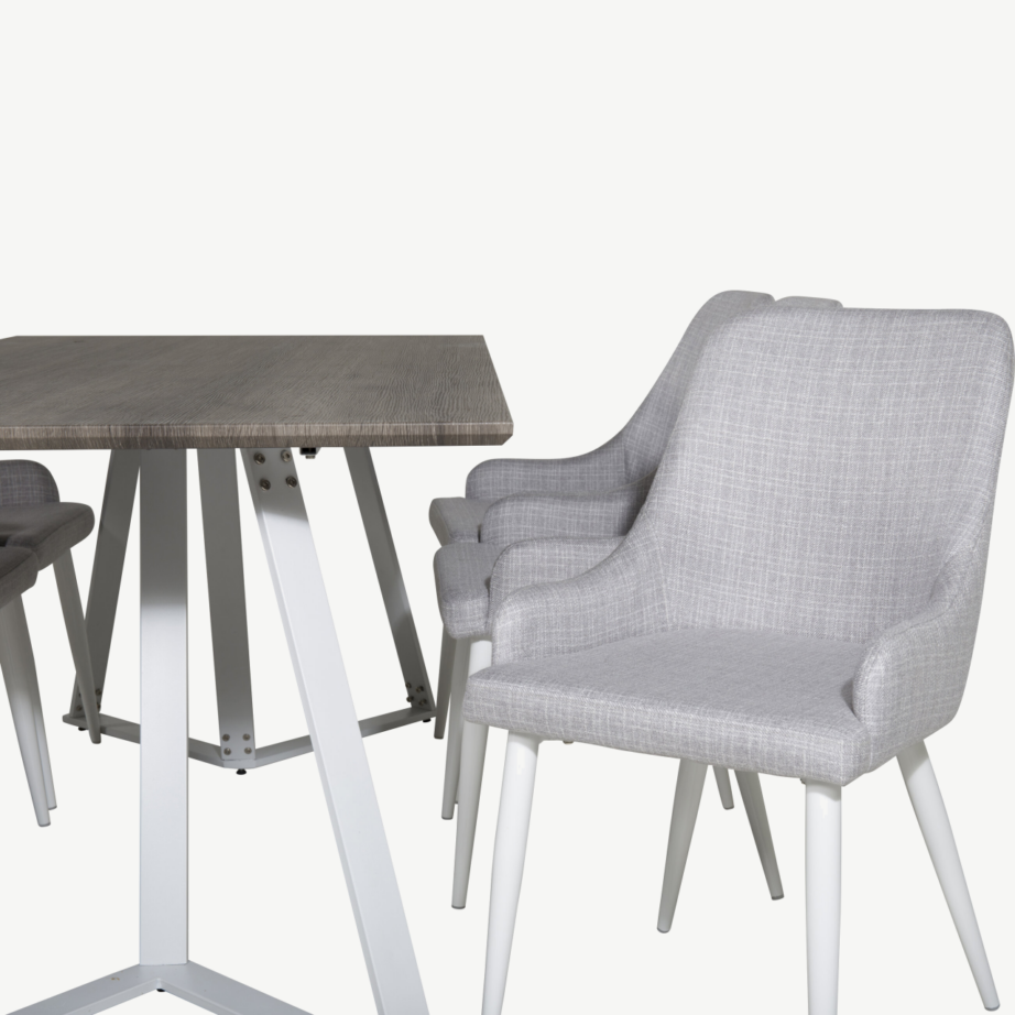 Marina ristkülikukujuline hall söögikomplekt 6 tooliga – hall lauaplaat ja valged terasjalad, helehallid kangast toolid, GR20276 – 3