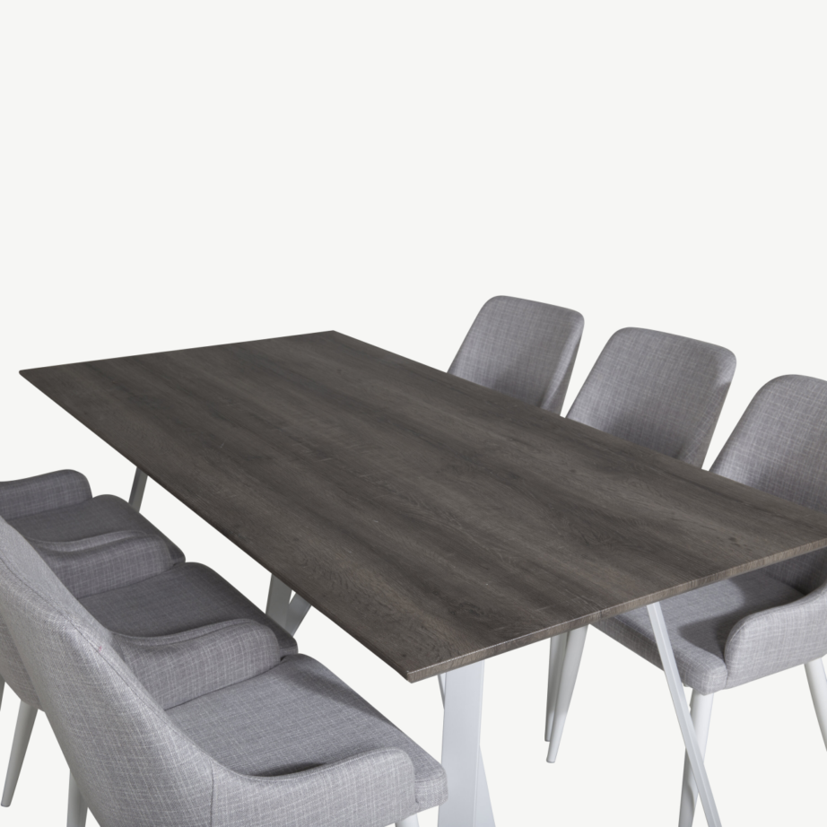 Marina ristkülikukujuline hall söögikomplekt 6 tooliga – hall lauaplaat ja valged terasjalad, helehallid kangast toolid, GR20276 – 4