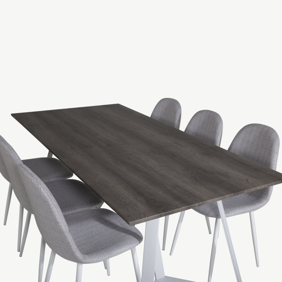 Hall puitimitatsiooniga söögilauakomplekt Marina ja 6 helehallist kangast Polar tooli valgete jalgadega, GR20277 – 4