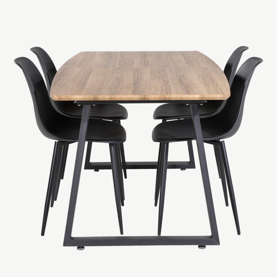 Söögitoakomplekt Inca tammepuidu imitatsiooniga lauaga ja mustade plastiktoolidega, 4 tk, GR20291 – 2