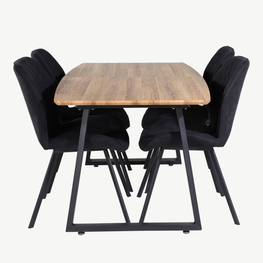 Pikendatav söögilaud Inca tammetoonis ja mustad sametist Gemma toolid, metalljalad, GR20293 – 2