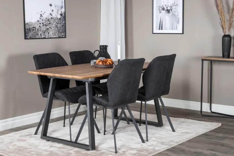 Pikendatav söögilaud Inca tammetoonis ja mustad sametist Gemma toolid, metalljalad, GR20293 – 6