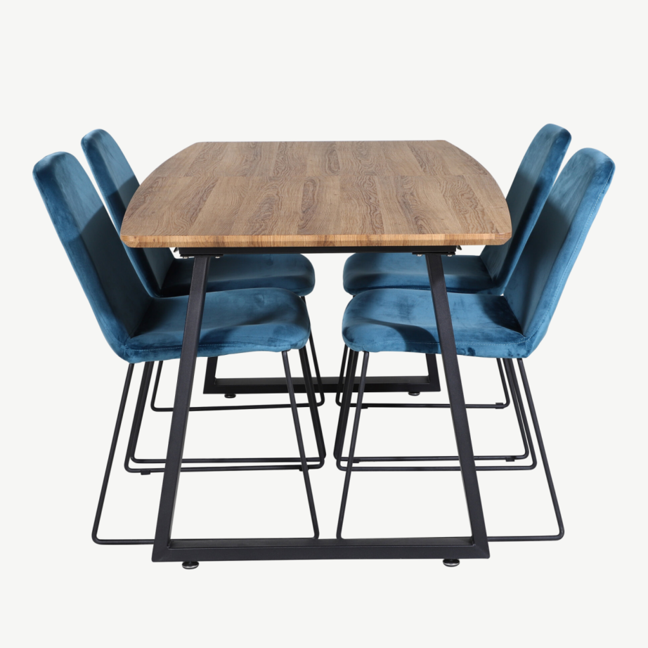 Inca ristkülikukujuline söögikomplekt tammeplaadiga ja siniste toolidega, GR20297 – 2