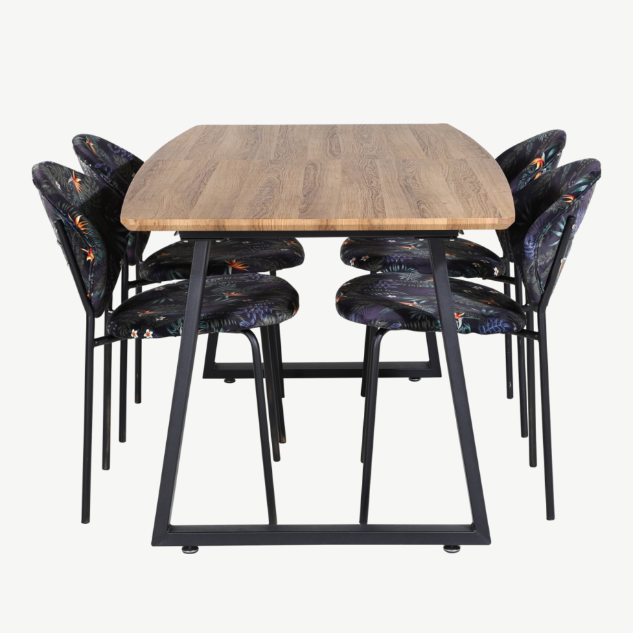 Pikendatav söögilauakomplekt Inca ristkülikukujuline laud ja lillemustriga toolid (6 tk), tammepuidu viimistlus, mustad metalljalad, GR20302 – 2