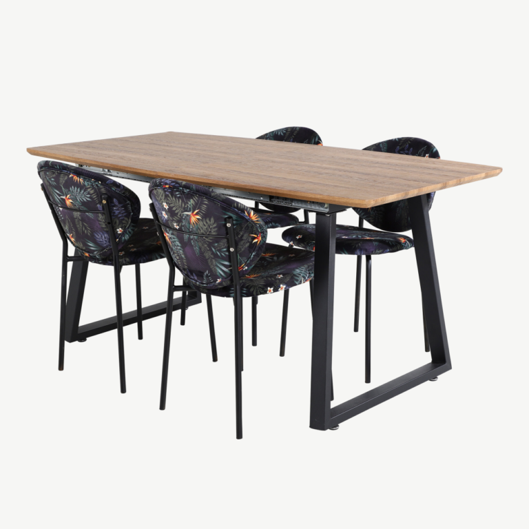 Pikendatav söögilauakomplekt Inca ristkülikukujuline laud ja lillemustriga toolid (6 tk), tammepuidu viimistlus, mustad metalljalad - GR20302