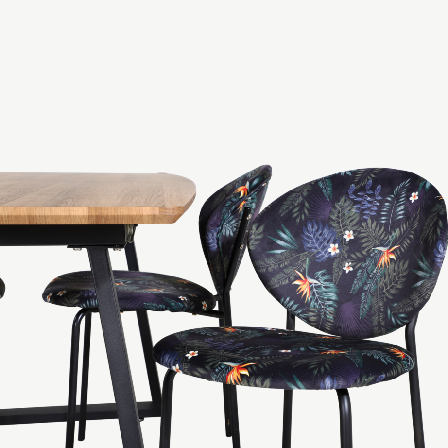 Pikendatav söögilauakomplekt Inca ristkülikukujuline laud ja lillemustriga toolid (6 tk), tammepuidu viimistlus, mustad metalljalad, GR20302 – 3