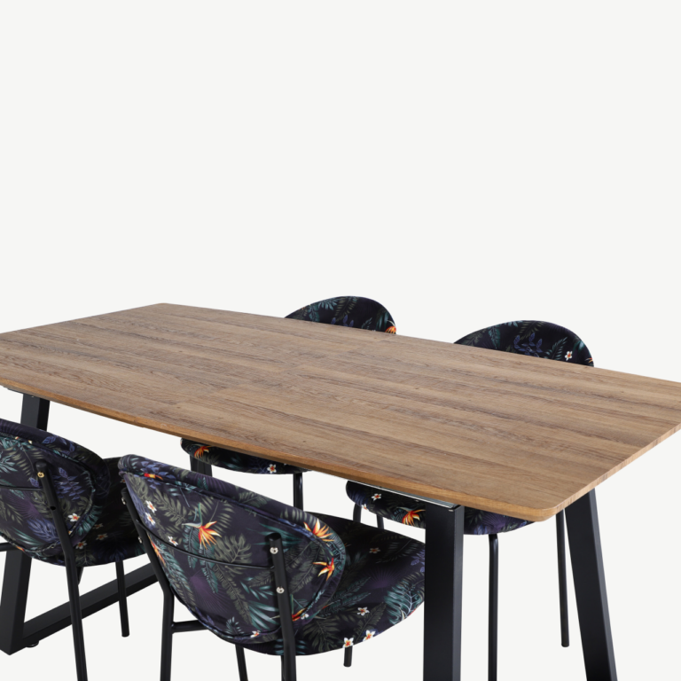 Pikendatav söögilauakomplekt Inca ristkülikukujuline laud ja lillemustriga toolid (6 tk), tammepuidu viimistlus, mustad metalljalad - GR20302