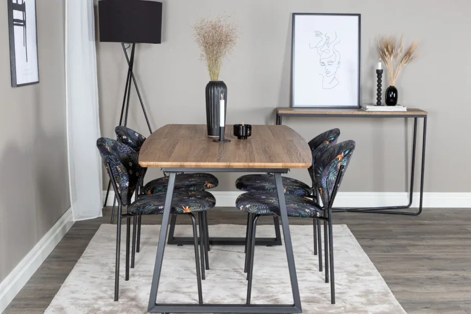 Pikendatav söögilauakomplekt Inca ristkülikukujuline laud ja lillemustriga toolid (6 tk), tammepuidu viimistlus, mustad metalljalad, GR20302 – 5