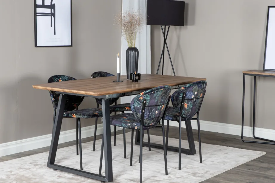 Pikendatav söögilauakomplekt Inca ristkülikukujuline laud ja lillemustriga toolid (6 tk), tammepuidu viimistlus, mustad metalljalad, GR20302 – 6