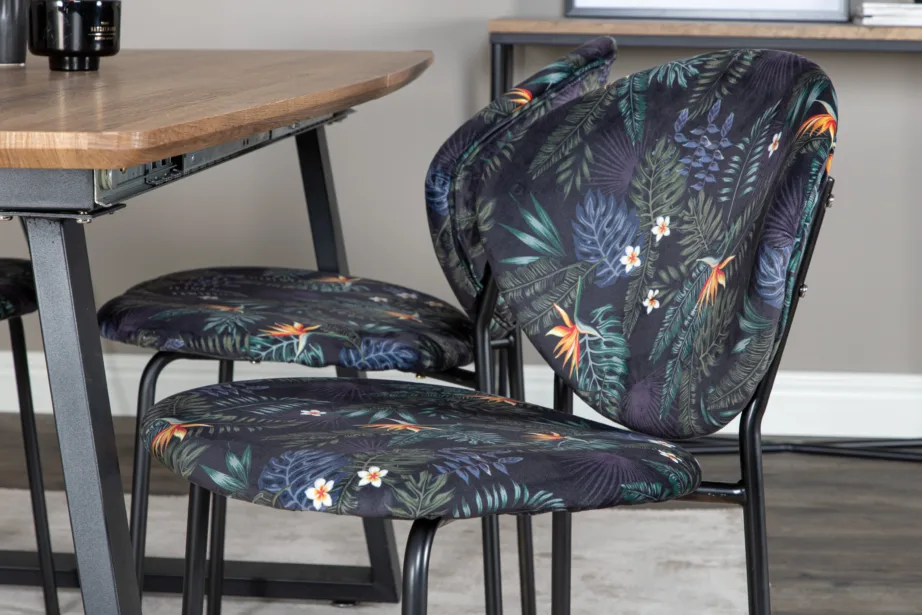 Pikendatav söögilauakomplekt Inca ristkülikukujuline laud ja lillemustriga toolid (6 tk), tammepuidu viimistlus, mustad metalljalad, GR20302 – 7