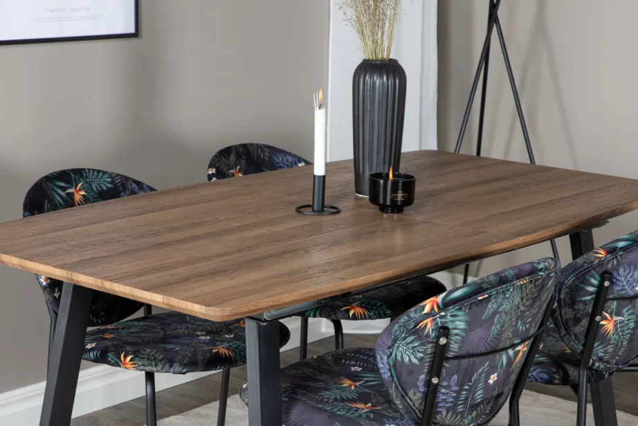 Pikendatav söögilauakomplekt Inca ristkülikukujuline laud ja lillemustriga toolid (6 tk), tammepuidu viimistlus, mustad metalljalad, GR20302 – 8