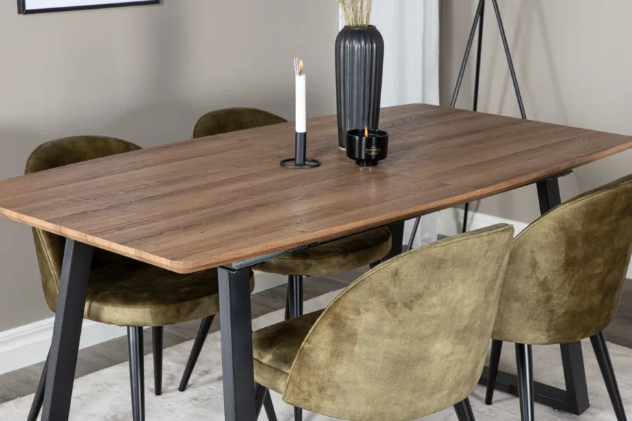 Pikendatav tamme söögilauakomplekt Inca roheliste sametist toolidega, GR20304 – 8