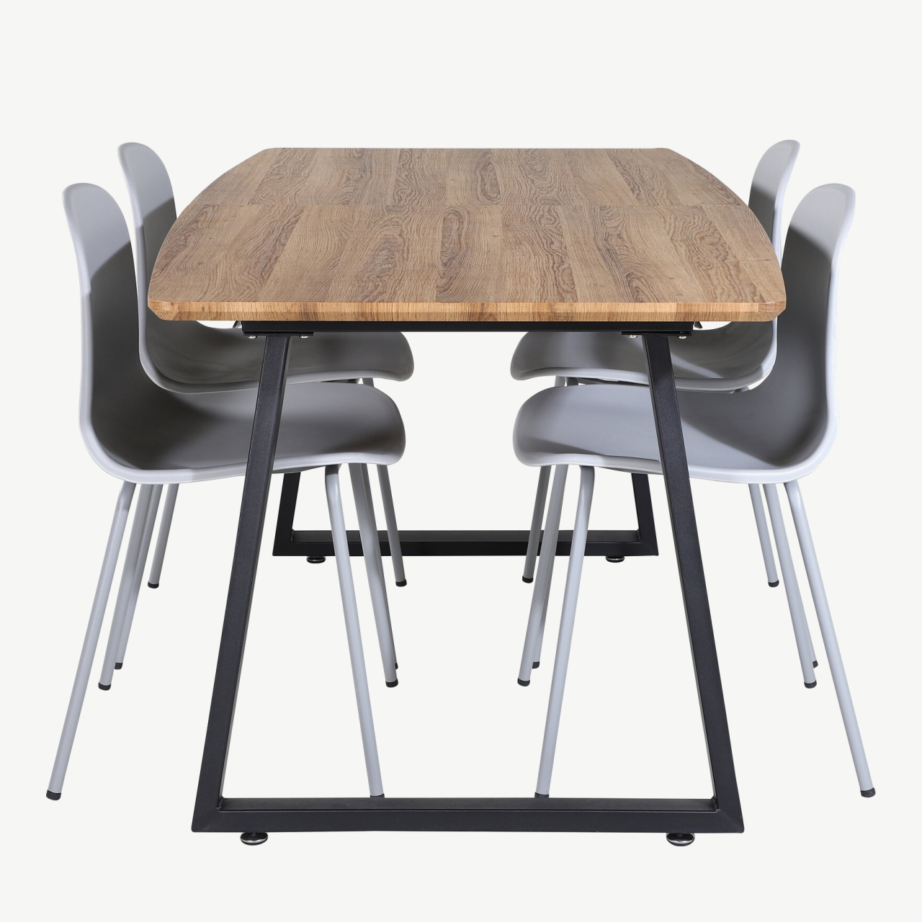 Ristkülikukujuline söögilauakomplekt Inca (160×85 cm, MDF tammelaminaat, mustad terasjalad) ja hallid Arctic toolid, GR20305 – 2