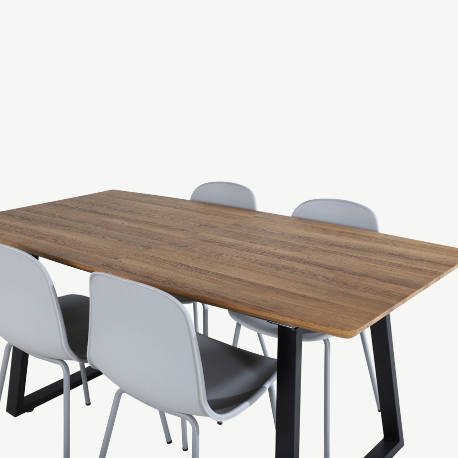 Ristkülikukujuline söögilauakomplekt Inca (160×85 cm, MDF tammelaminaat, mustad terasjalad) ja hallid Arctic toolid, GR20305 – 4