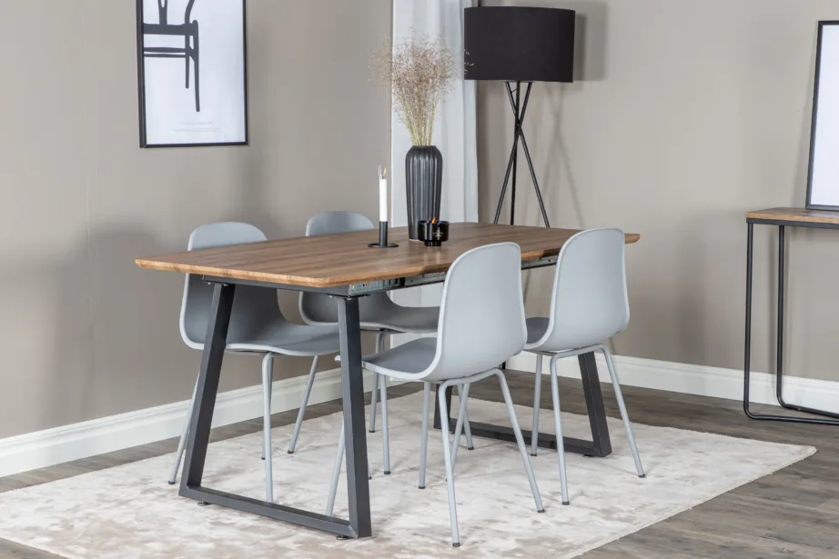 Ristkülikukujuline söögilauakomplekt Inca (160×85 cm, MDF tammelaminaat, mustad terasjalad) ja hallid Arctic toolid, GR20305 – 6