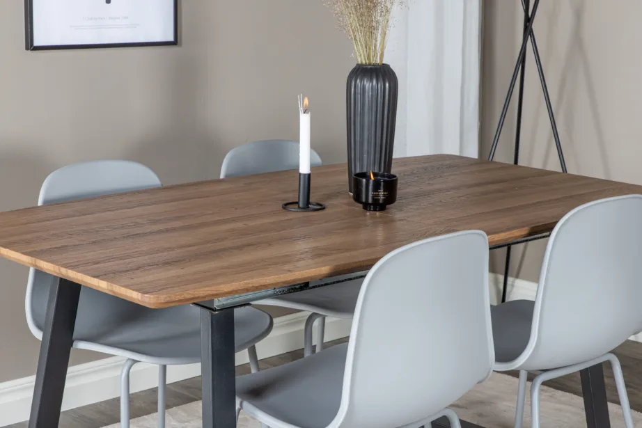 Ristkülikukujuline söögilauakomplekt Inca (160×85 cm, MDF tammelaminaat, mustad terasjalad) ja hallid Arctic toolid, GR20305 – 8