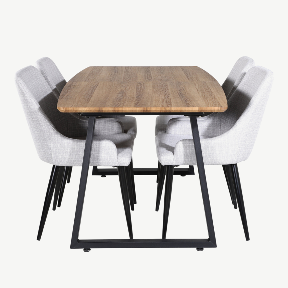 Inca söögilauakomplekt pähklitooni ja mustade metalljalgadega, hallid kangast toolid, GR20306 – 2