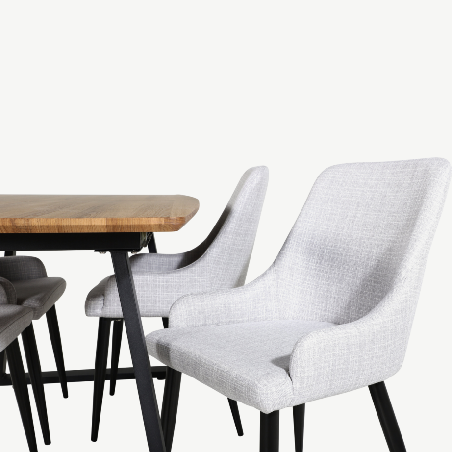 Inca söögilauakomplekt pähklitooni ja mustade metalljalgadega, hallid kangast toolid, GR20306 – 3