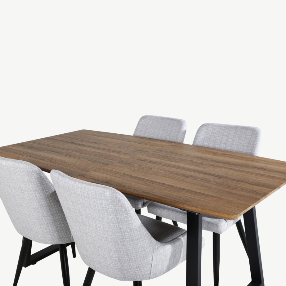 Inca söögilauakomplekt pähklitooni ja mustade metalljalgadega, hallid kangast toolid, GR20306 – 4