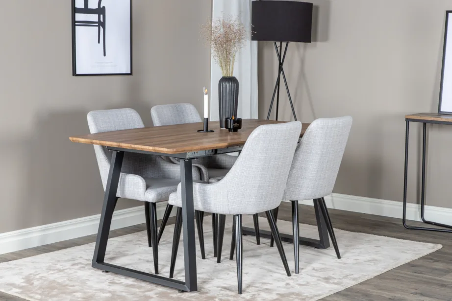 Inca söögilauakomplekt pähklitooni ja mustade metalljalgadega, hallid kangast toolid, GR20306 – 6