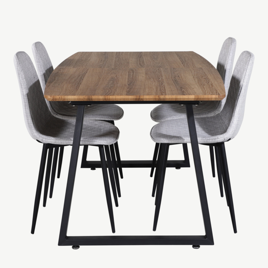 Laiendatav söögilauakomplekt Inca pähklitooniga, musta raamiga ja hallide toolidega, GR20307 – 2