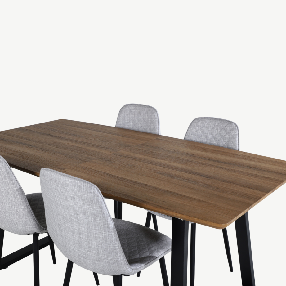 Laiendatav söögilauakomplekt Inca pähklitooniga, musta raamiga ja hallide toolidega, GR20307 – 4