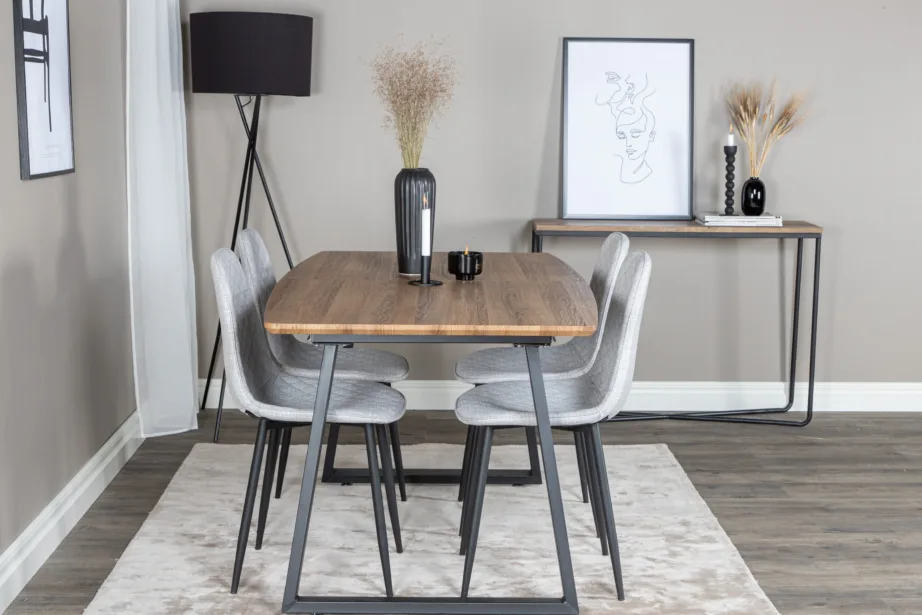 Laiendatav söögilauakomplekt Inca pähklitooniga, musta raamiga ja hallide toolidega, GR20307 – 5