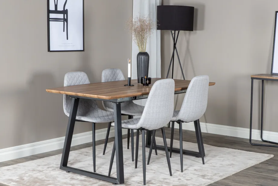 Laiendatav söögilauakomplekt Inca pähklitooniga, musta raamiga ja hallide toolidega, GR20307 – 6