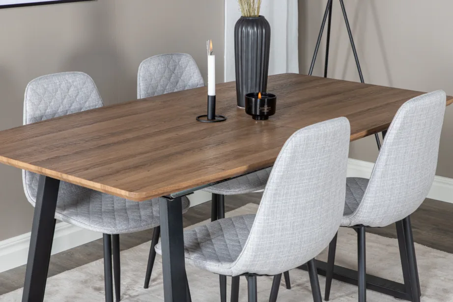 Laiendatav söögilauakomplekt Inca pähklitooniga, musta raamiga ja hallide toolidega, GR20307 – 8