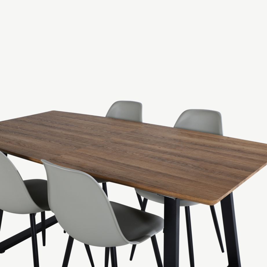 Ristkülikukujuline pähklitooni söögilauakomplekt Inca ja hallid Polar toolid (4 tooli, must metall), GR20308 – 4