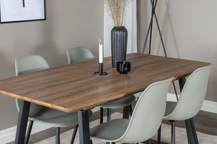 Ristkülikukujuline pähklitooni söögilauakomplekt Inca ja hallid Polar toolid (4 tooli, must metall), GR20308 – 8