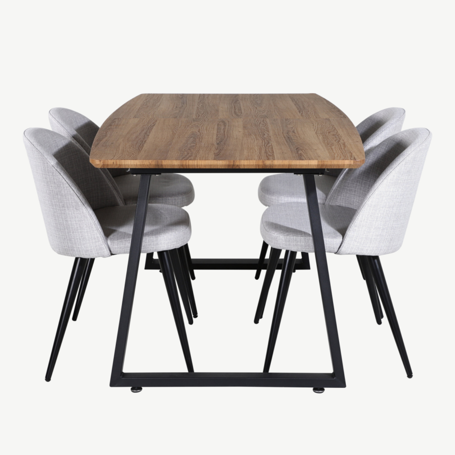 Pikendatav pähklitooni söögilaua komplekt Inca helehallide polsterdatud toolidega (metalljalad), GR20309 – 2