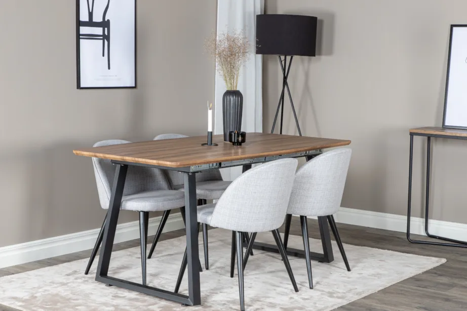 Pikendatav pähklitooni söögilaua komplekt Inca helehallide polsterdatud toolidega (metalljalad), GR20309 – 6