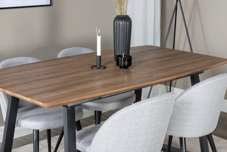 Pikendatav pähklitooni söögilaua komplekt Inca helehallide polsterdatud toolidega (metalljalad), GR20309 – 8