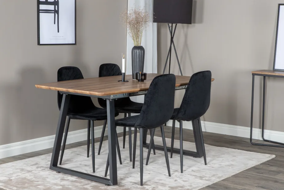 Pikendatav söögilauakomplekt Inca ja mustad velvetkattega Polar toolid, GR20310 – 6