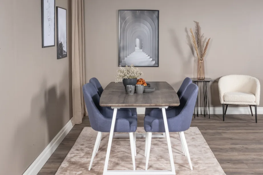 Ristkülikukujuline hall söögilauakomplekt valgete jalgade ja siniste toolidega Inca, GR20312 – 5