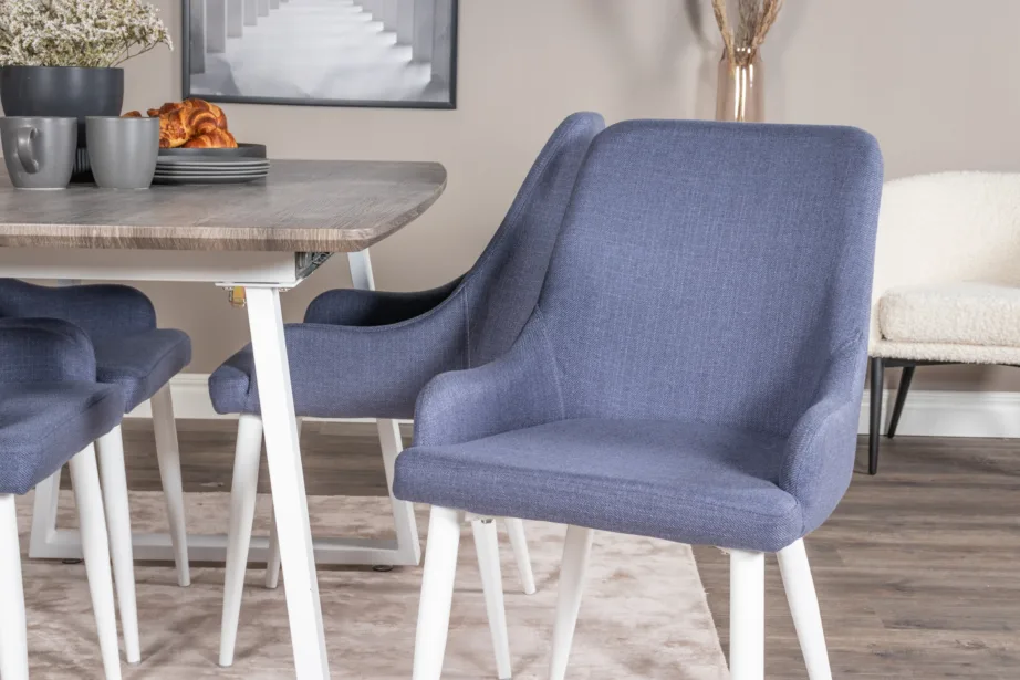 Ristkülikukujuline hall söögilauakomplekt valgete jalgade ja siniste toolidega Inca, GR20312 – 7