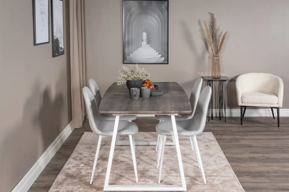 Kaasaegne hall söögilauakomplekt Inca halli tamme tooni lauaga ja valgete metalljalgadega, 4 helehalli kangast tooli, GR20317 – 5