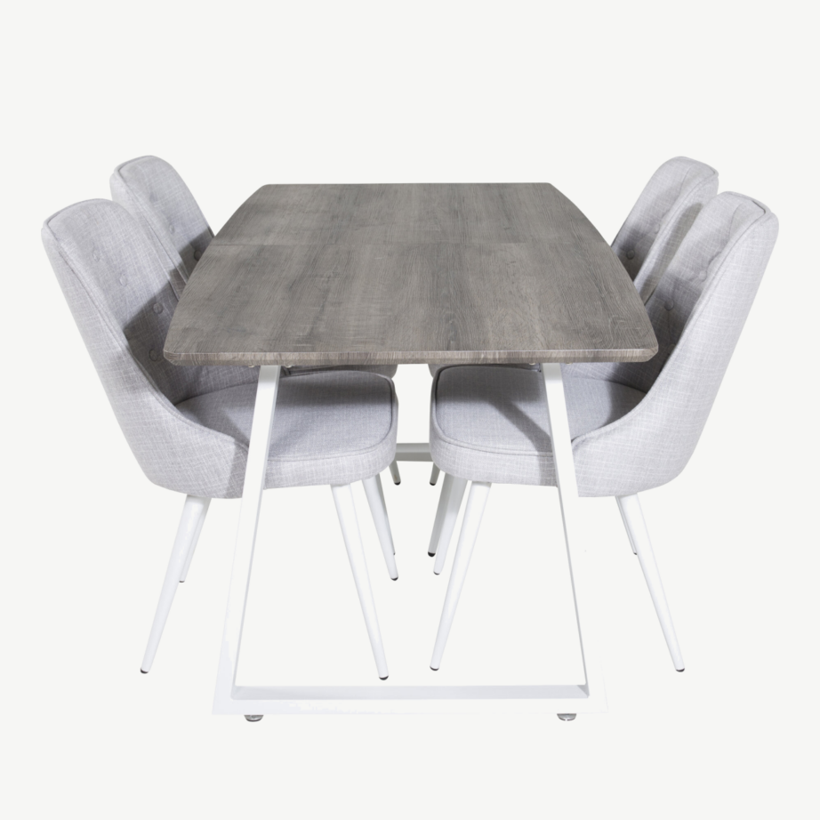 Hall tamme imitatsiooniga ristkülikukujuline söögilaud ja helehallid polsterdatud toolid Inca kollektsioonist, GR20318 – 2