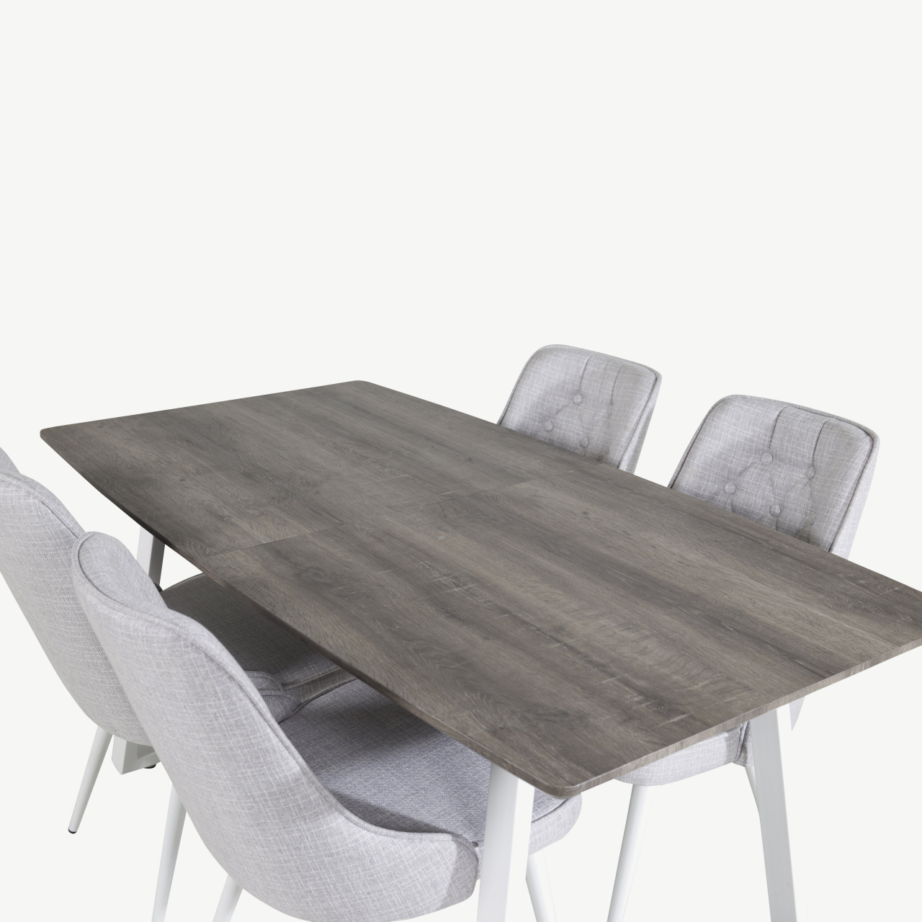 Hall tamme imitatsiooniga ristkülikukujuline söögilaud ja helehallid polsterdatud toolid Inca kollektsioonist, GR20318 – 4