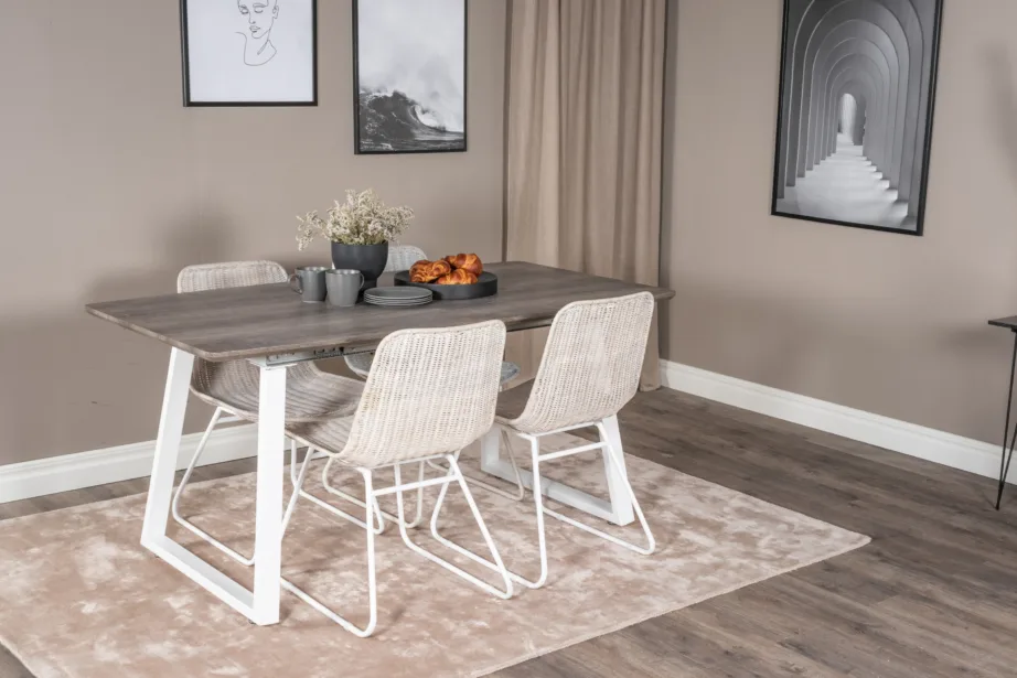 Inca hall ristkülikukujuline söögilaud valgel raamiga ning Cireboni rotangtoolide komplekt, GR20324 – 6