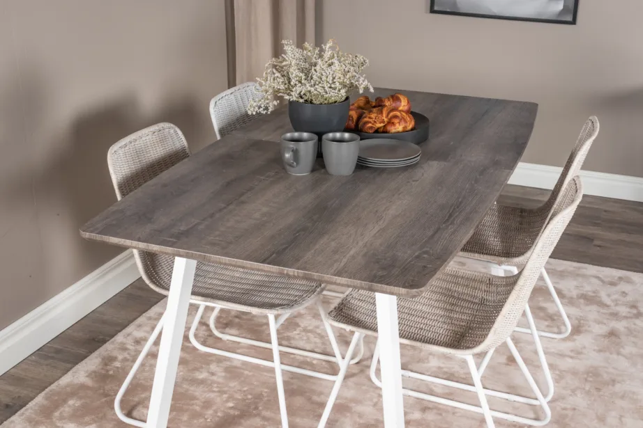 Inca hall ristkülikukujuline söögilaud valgel raamiga ning Cireboni rotangtoolide komplekt, GR20324 – 8